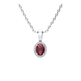 0.62 Carat Oval Shape Ruby And Halo Diamond Necklace In 14 Karat White Gold With 18 Inch Chain