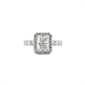 14K Gold Radiant Cut Moissanite Diamond U Prong Engagement Ring with Diamond Prongs and Under Halo