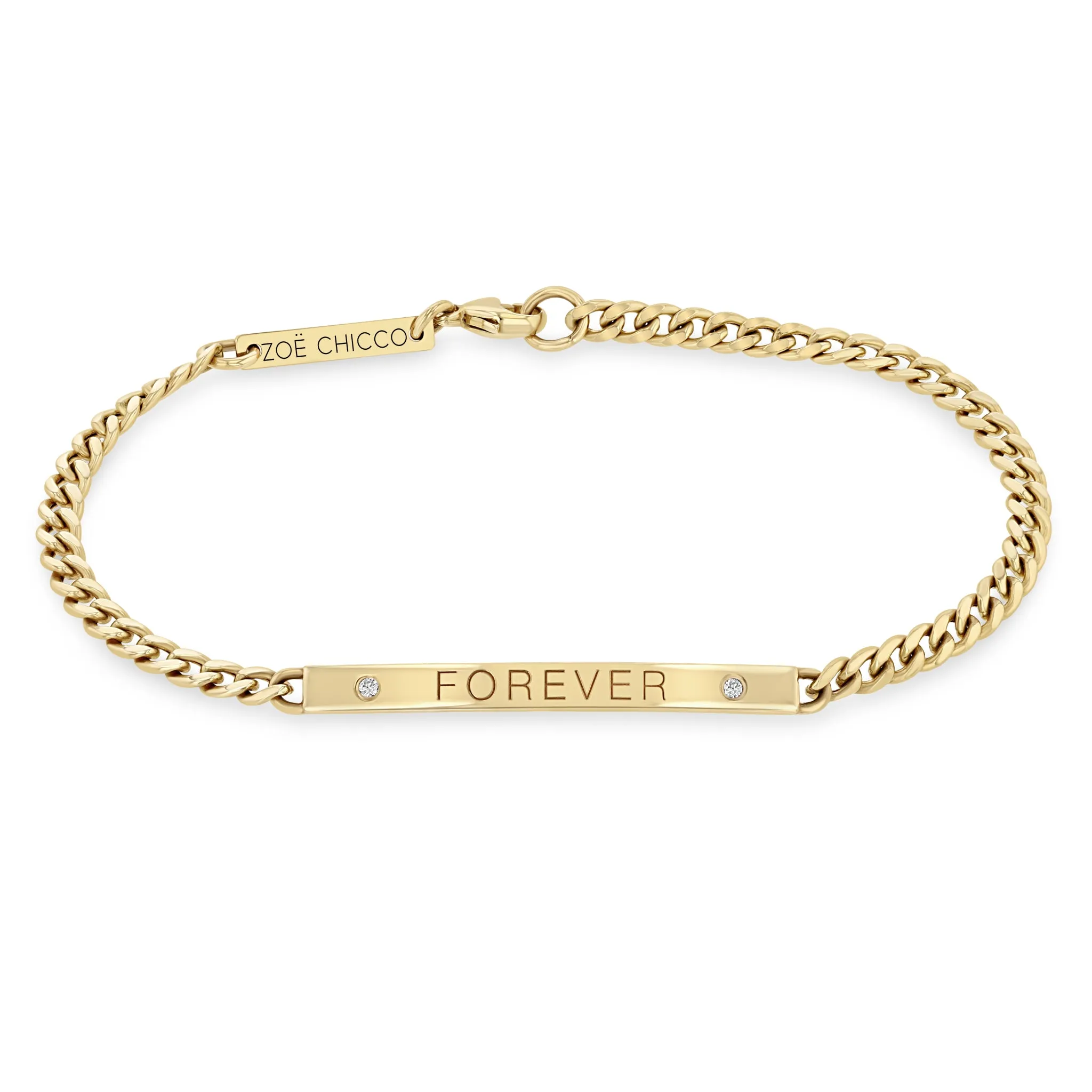 14k Small Curb Chain Personalized ID Bracelet with 2 Diamonds