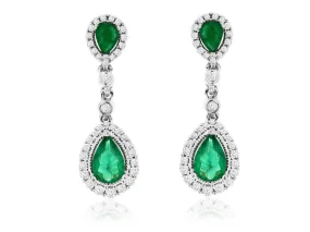 14K White Gold Emerald and Diamond Dangle Earrings