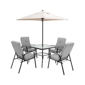 6 Pieces Patio Dining Set with Umbrella and Stackable Cushioned Chairs