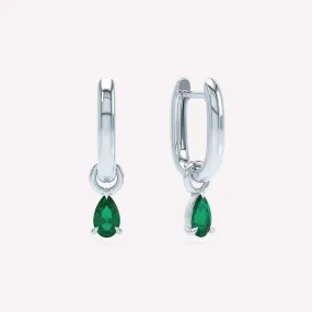 Allday Polished 14K Whitegold Hoops w. Emerald Drop