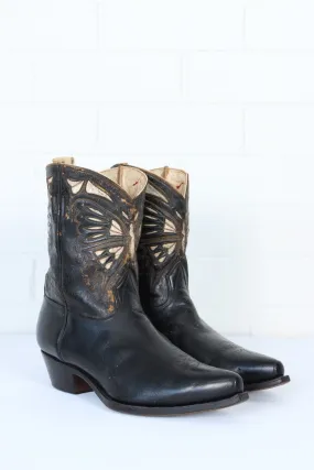 Antique 1920/30s Butterfly Inlay Black Leather Cowboy Boots (10.5)