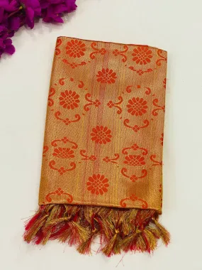 Beautiful Orange Color Designer Art Silk Shawl (Ponnadai) For Guest