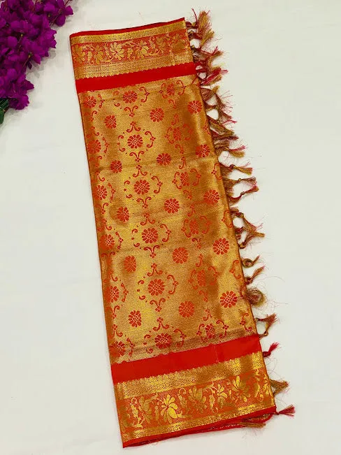 Beautiful Orange Color Designer Art Silk Shawl (Ponnadai) For Guest