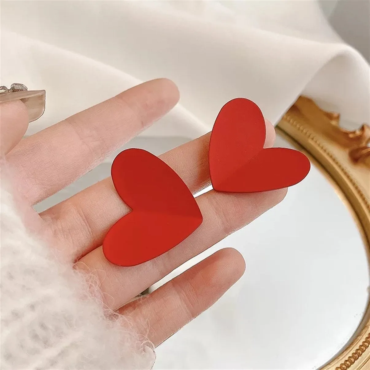 Bright Red Heart Cute Big Stud Earrings