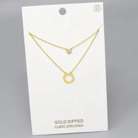 Circle & CZ Stone Pendant Gold Dipped Layered Chain Necklace