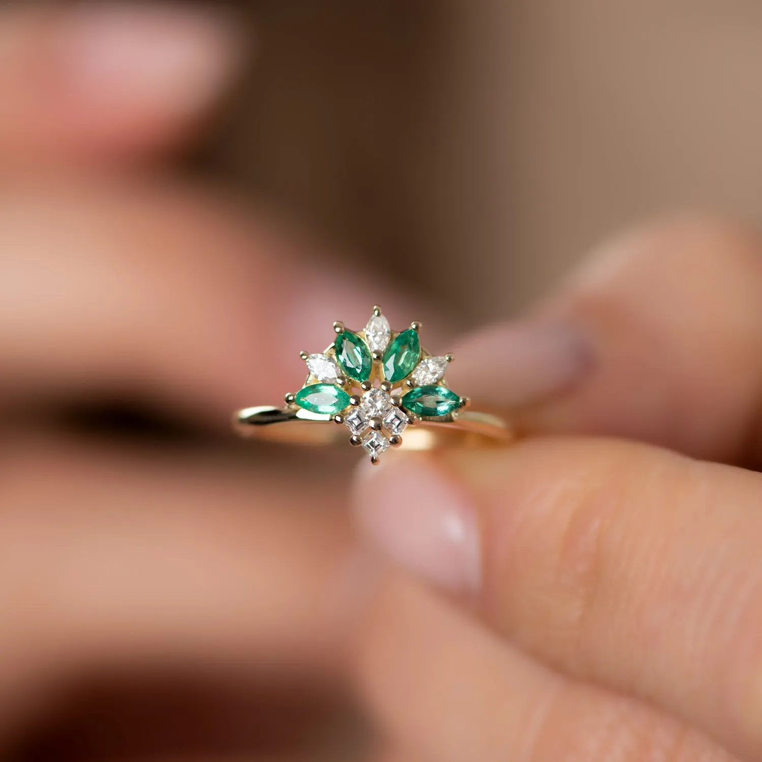 Emerald and Diamond Cluster Engagement Ring