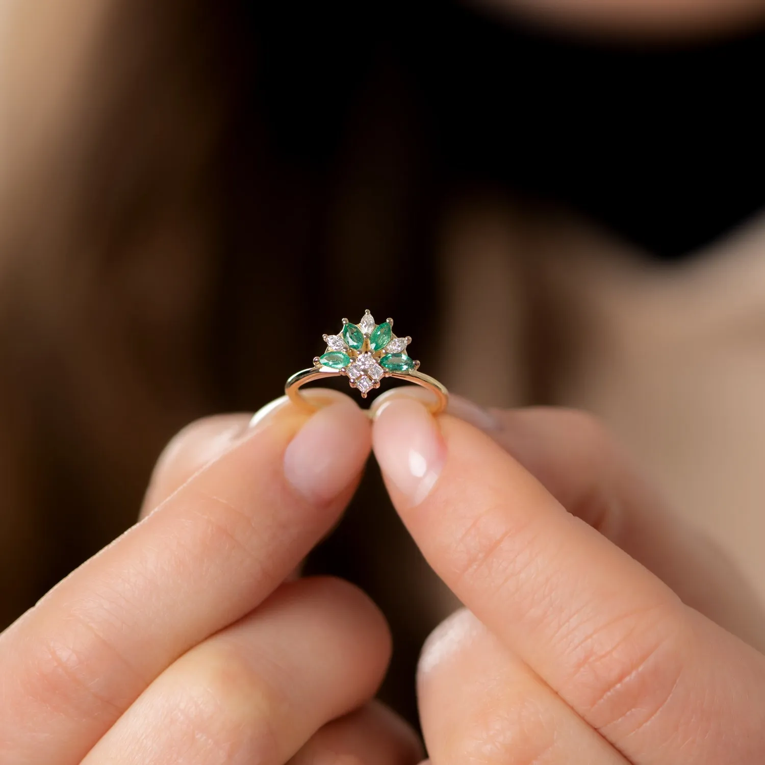 Emerald and Diamond Cluster Engagement Ring