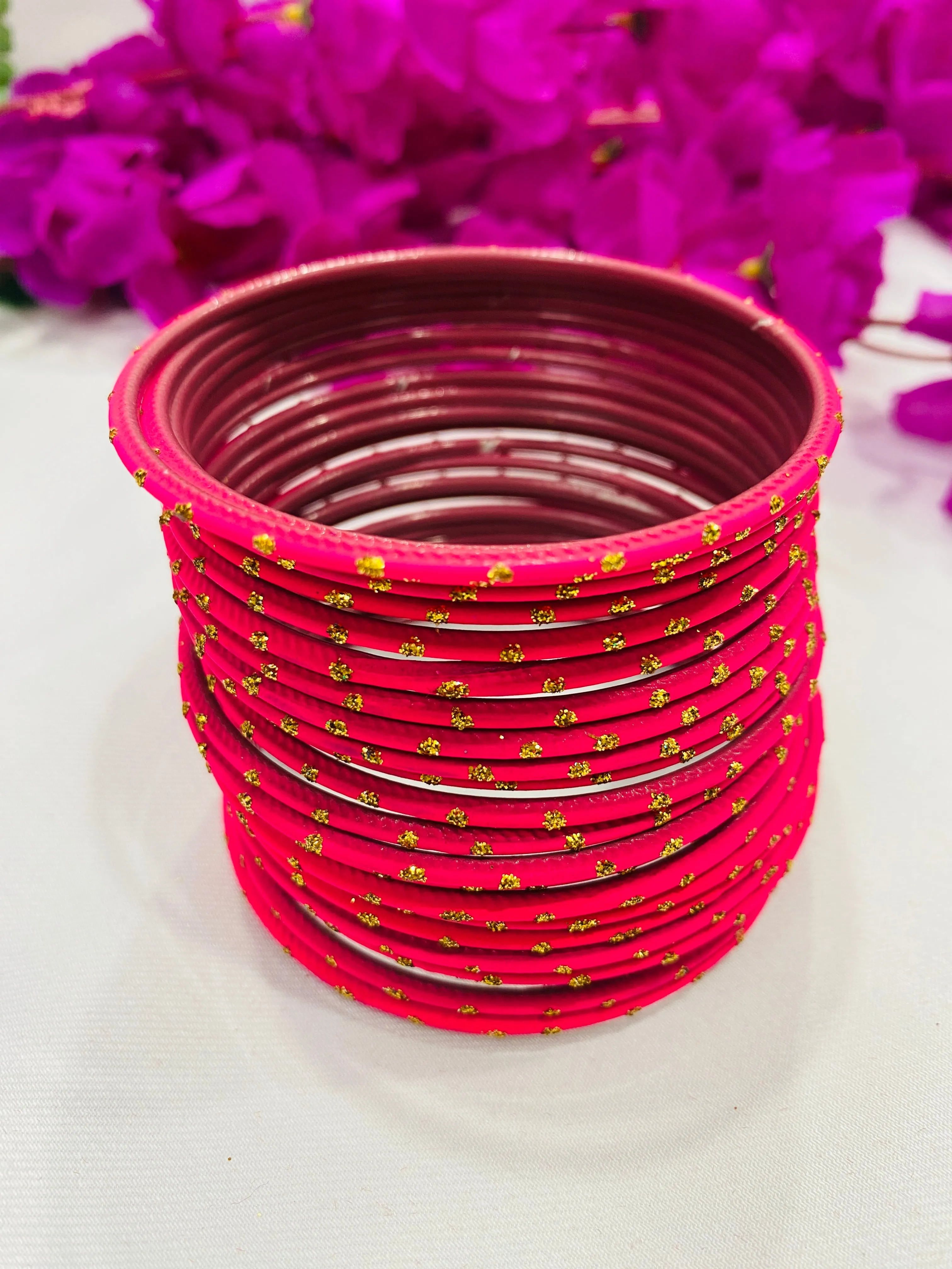 Exclusive Golden Glaze Pink Color Designer Metal Bangle Set