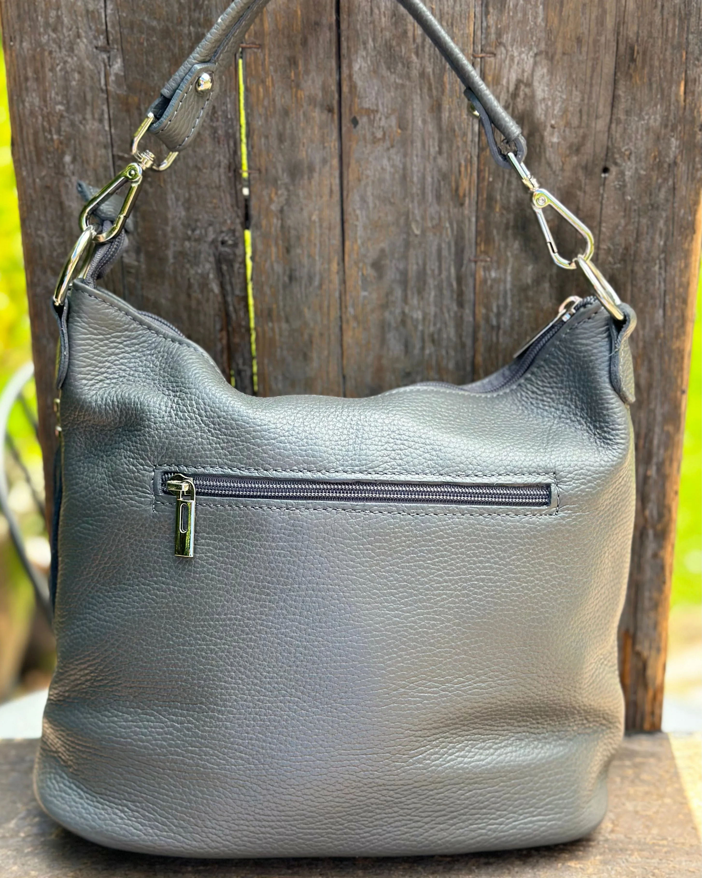 Leather Bucket Bag - Grey