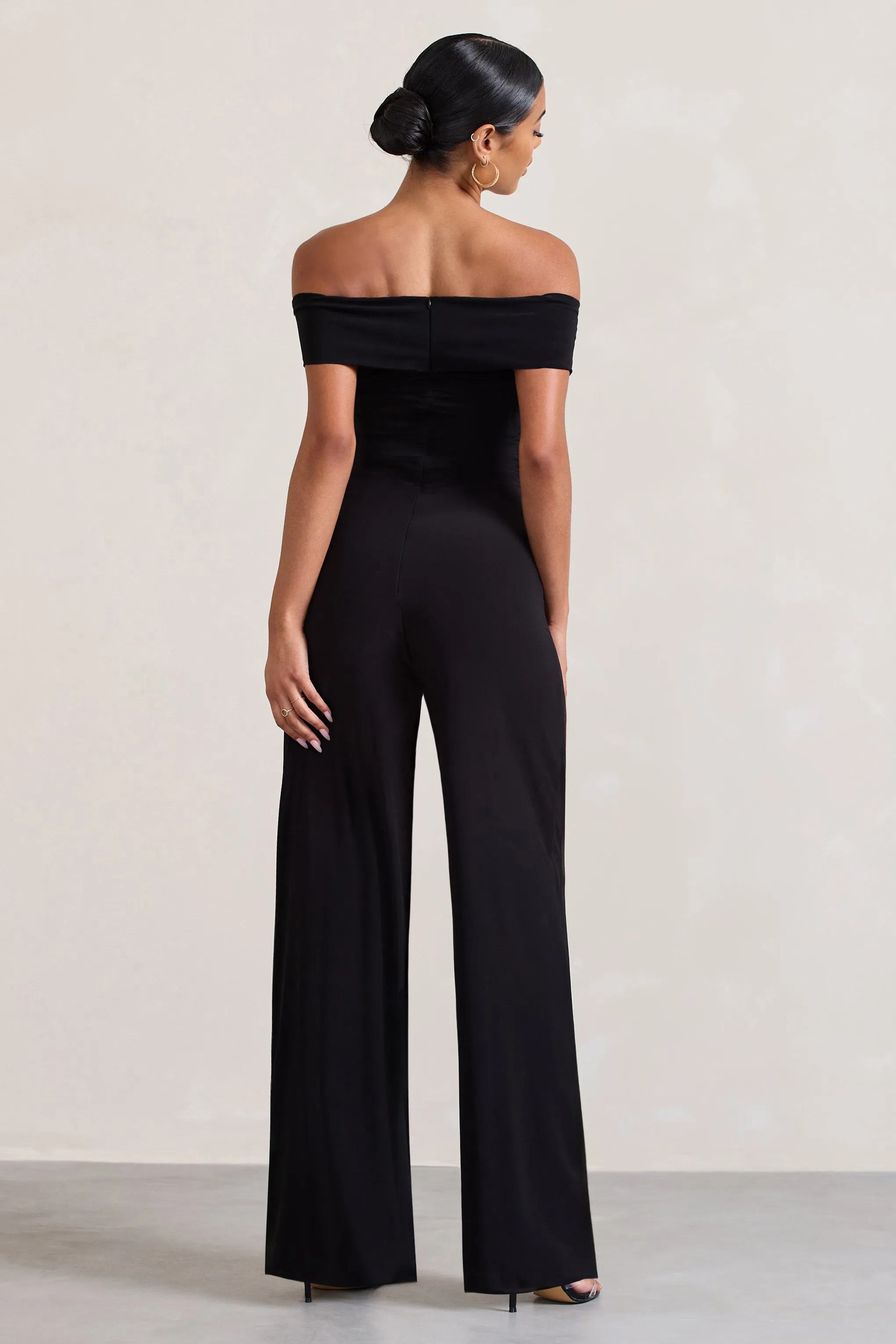 Mandy | Black Off The Shoulder Ruched Jumpsuit