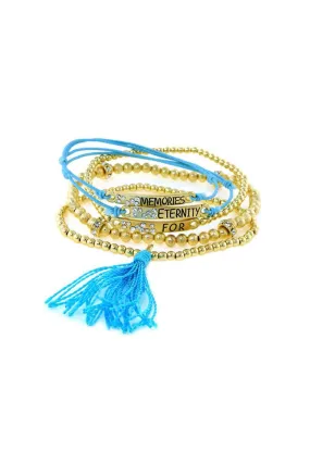 Memories For Eternity Bracelet with Gold Beads and Blue Tassel - Set of 5