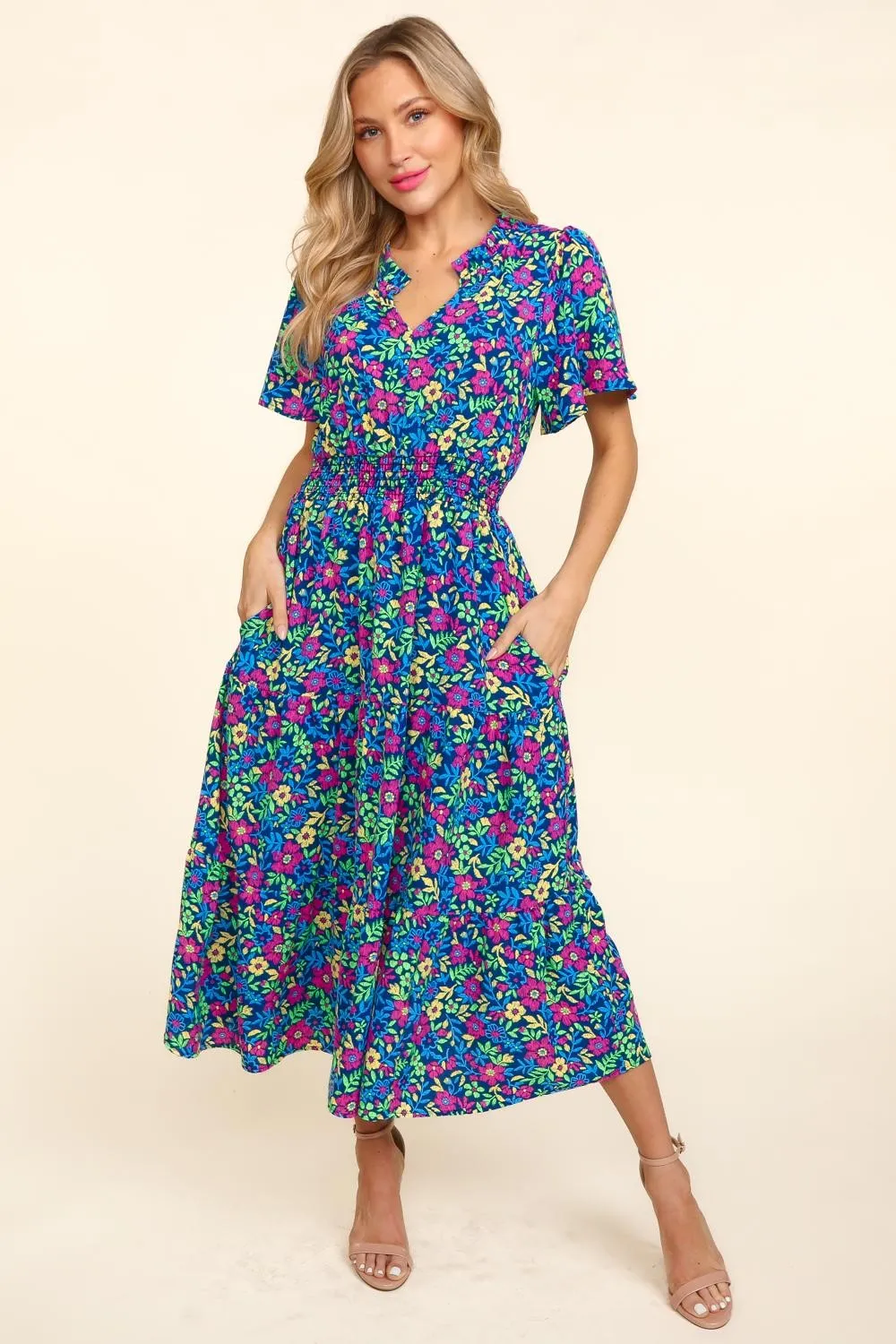 Sunset Vacation Printed Notched Short Sleeve Dress with Pockets