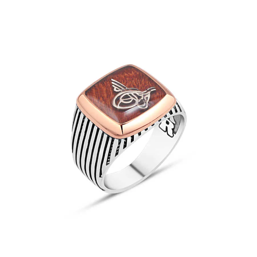 Tughra on Enameled Wood Square Silver Men's Ring with Stripe Pattern